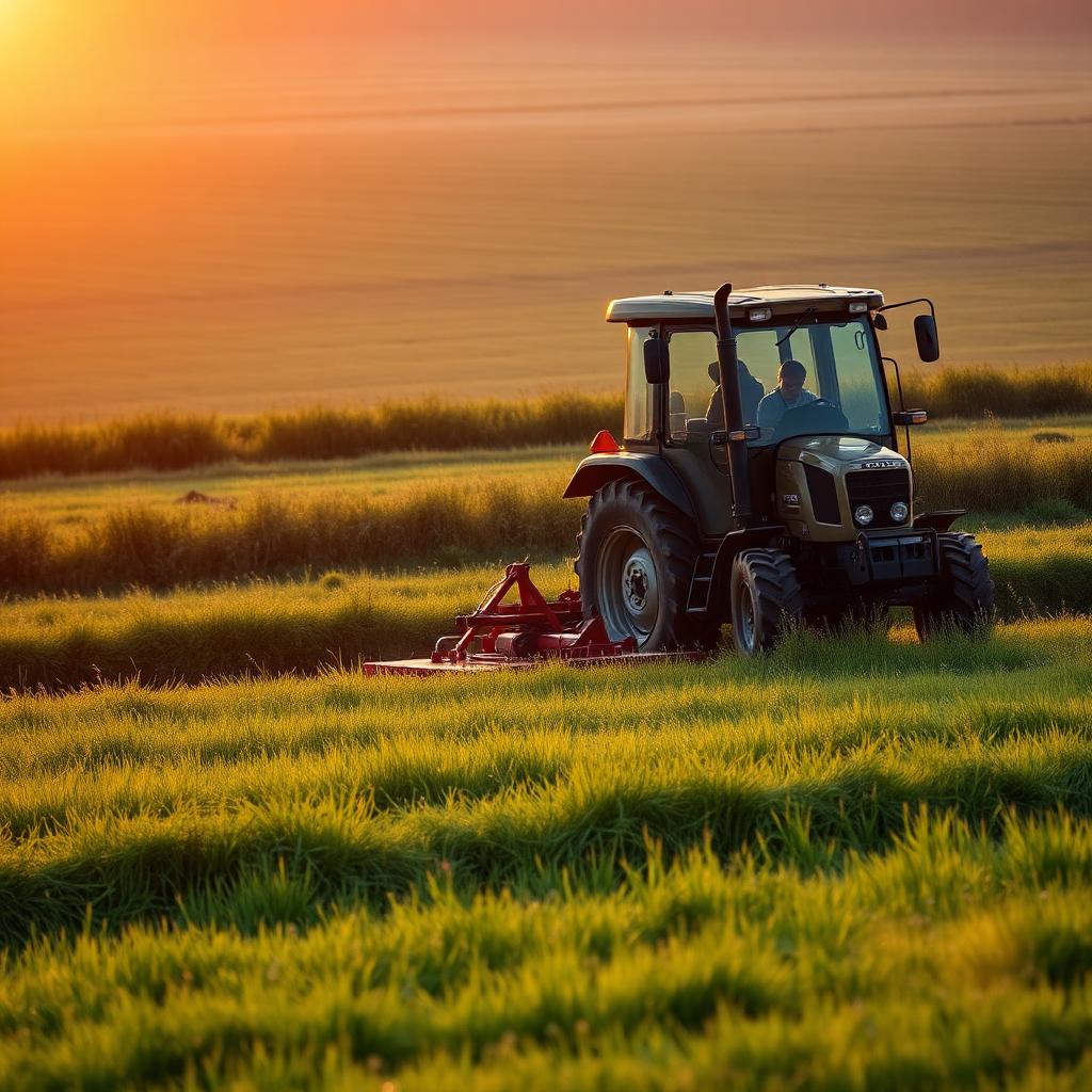 Traktor mäht bei Sonnenaufgang eine grüne Wiese