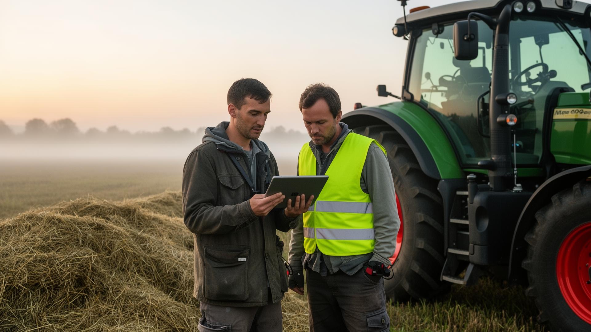 Landwirt und Pilot besprechen sich am Traktor in der Morgendämmerung